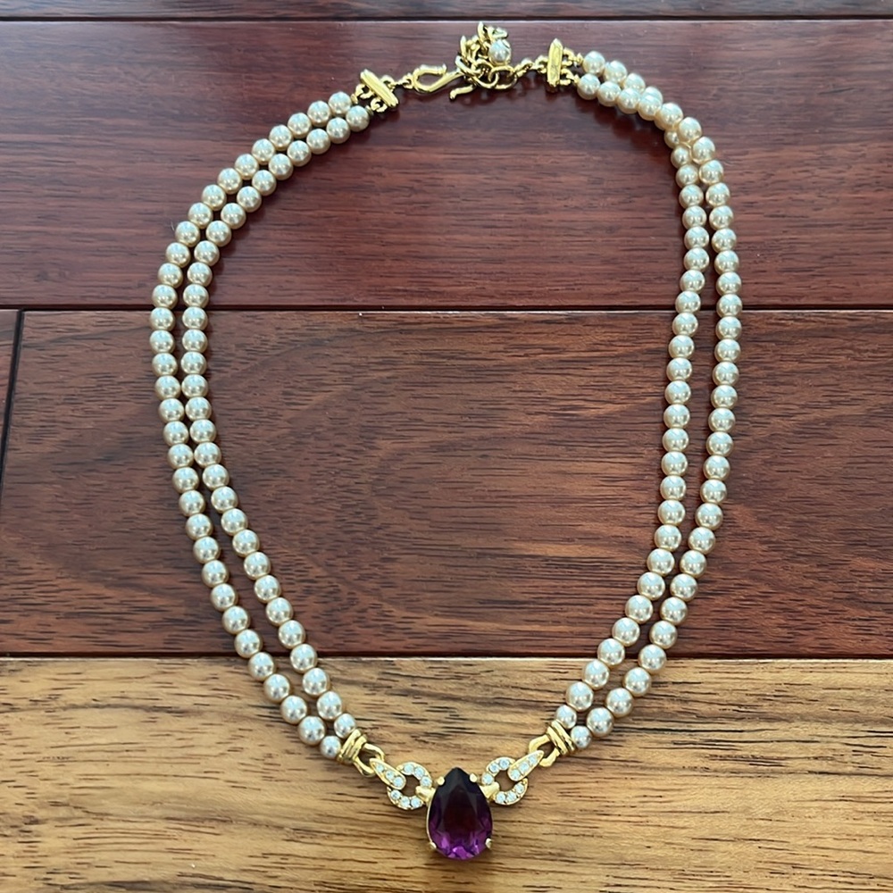 Double Strand Champagne Faux Pearl Goldtone Necklace With Purple Center